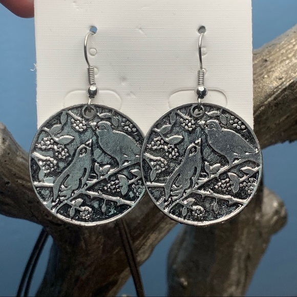 Antiqued Silver Birds Tree Branch Coin Earrings - Picture 4 of 8